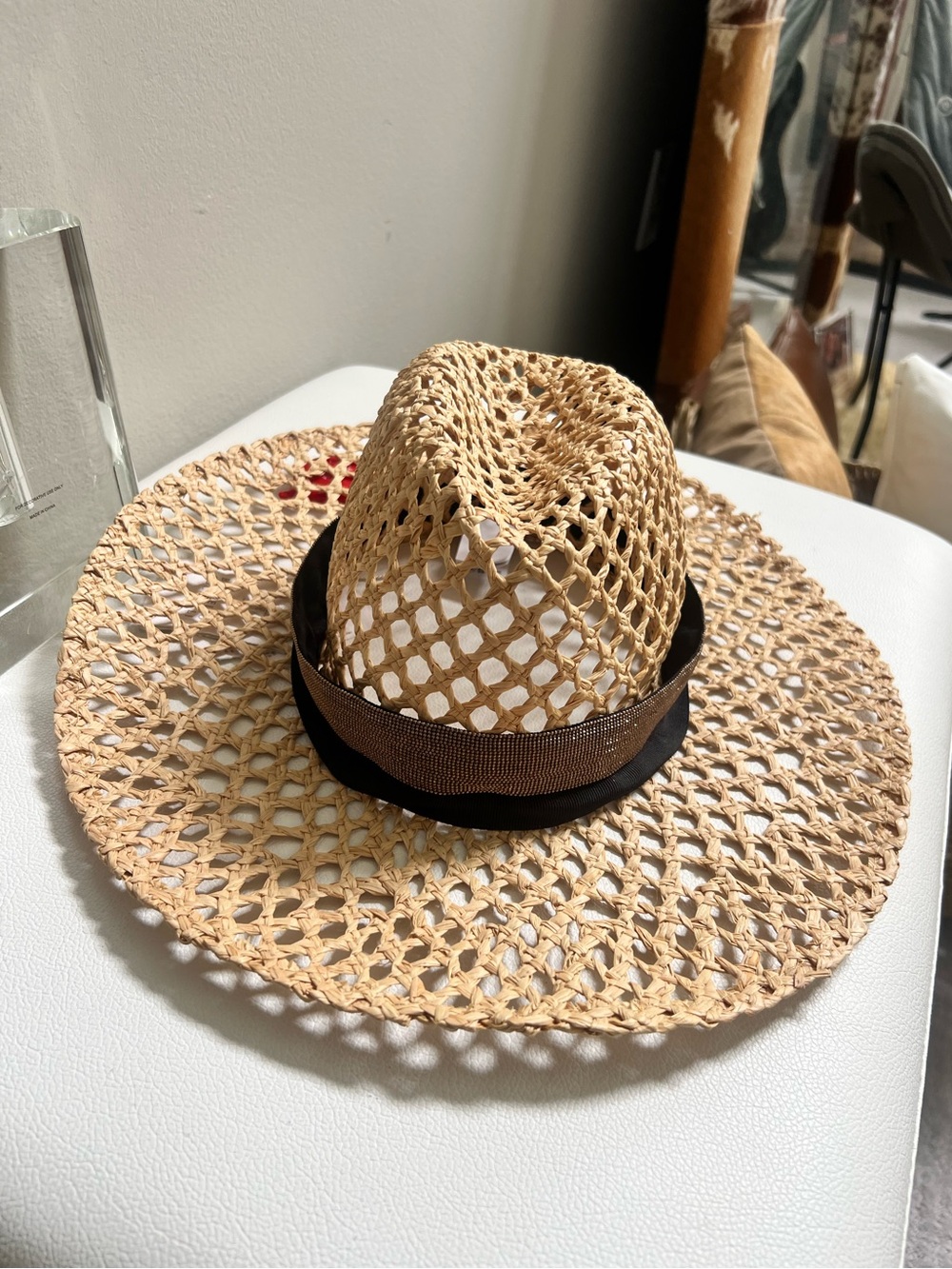 BRUNELLO CUCINELLI Natural Raffia Monili & Grosgrain Fedora Size Small NEW!!